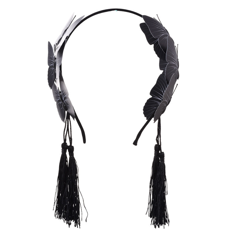 NOIRÉ | Gothic Tassel Headband (Black Butterfly + Elegant Design)
