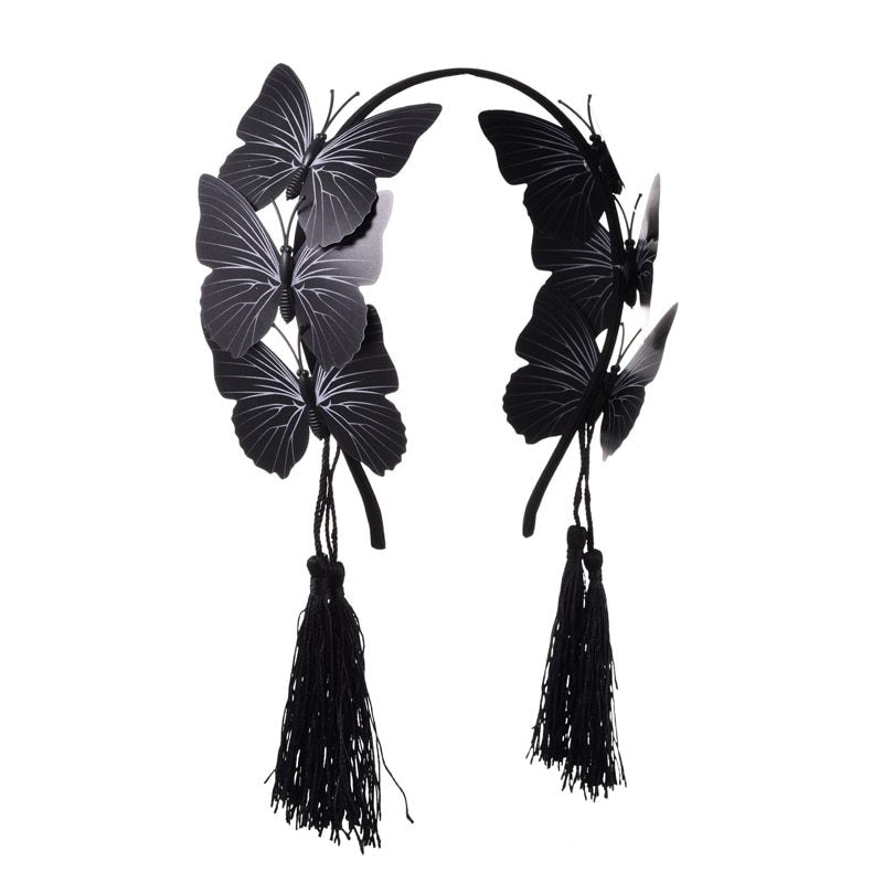 NOIRÉ | Gothic Tassel Headband (Black Butterfly + Elegant Design)
